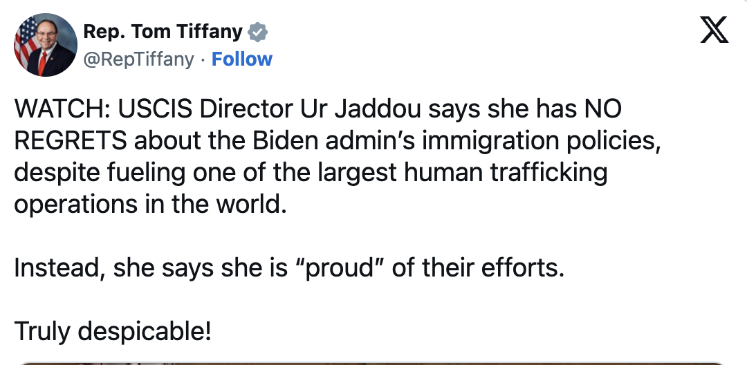 Rep. Tom Tiffany Torches Biden Official ‘Proud’ of Border Policies: ‘You Have Been Part of Largest Human Trafficking Operation Since Slavery’